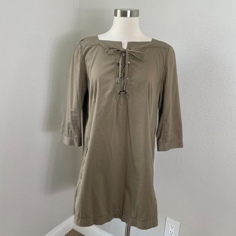Lafayette 148 Womens 8 Taupe Tunic Top Lace Up Neckline 3/4 Sleeve Shirt Pocket